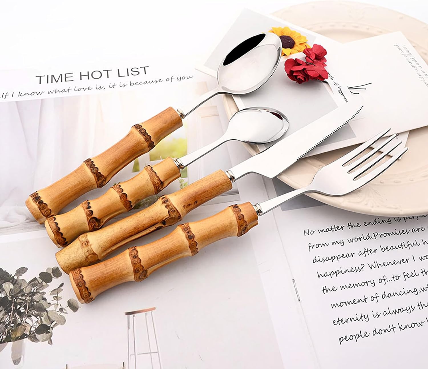 8pcs Natural Bamboo Salad Fork Set  Dessert Fork For Home Wedding Party Or Restaurant Daily Use  304 Stainless Steel  7.87-inch (Silver)