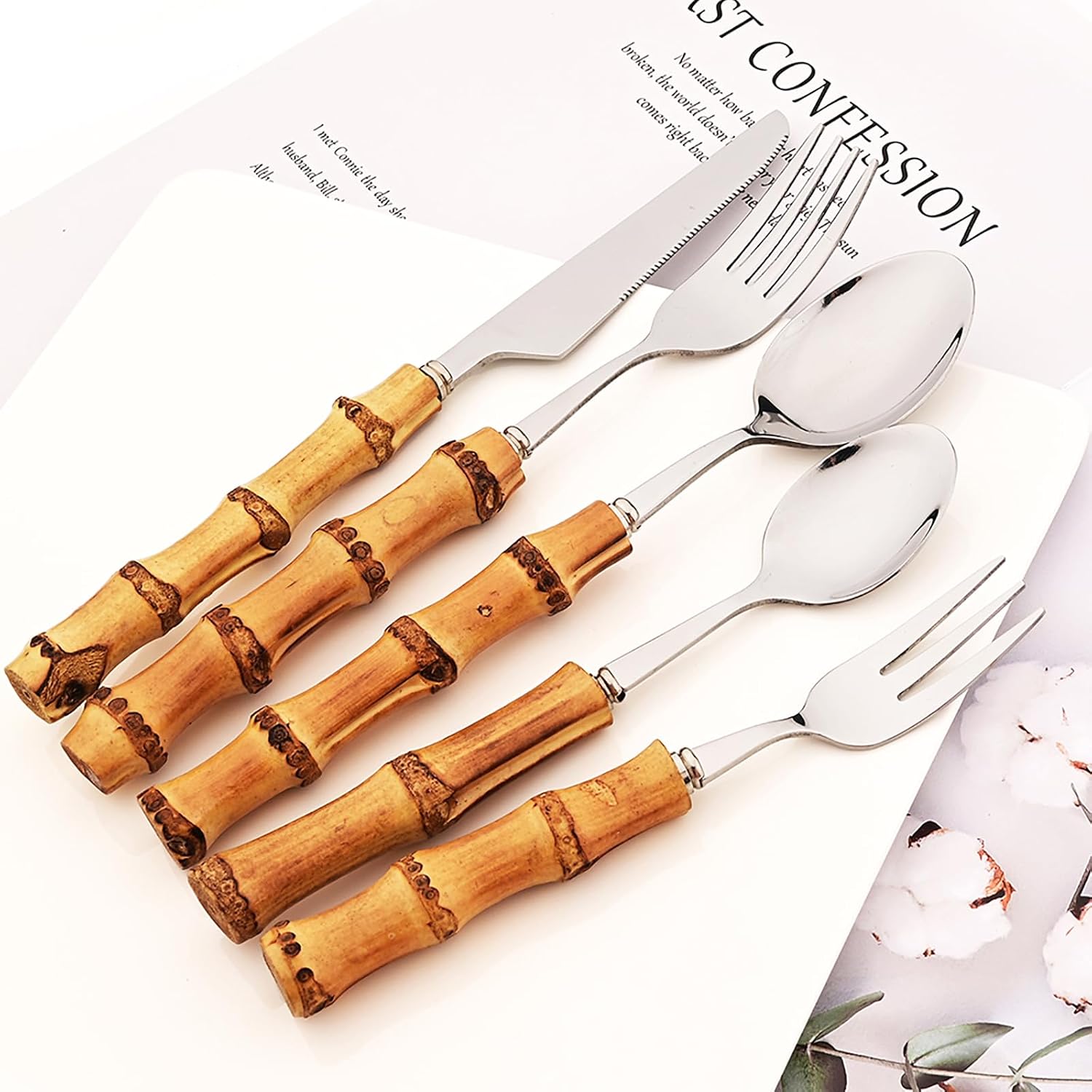 8pcs Natural Bamboo Salad Fork Set  Dessert Fork For Home Wedding Party Or Restaurant Daily Use  304 Stainless Steel  7.87-inch (Silver)