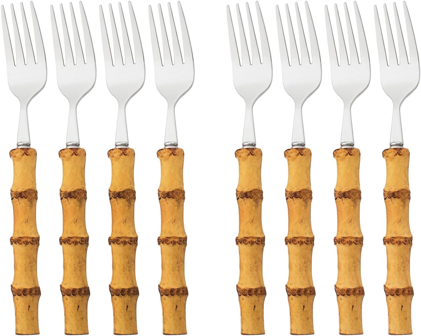 8pcs Natural Bamboo Salad Fork Set  Dessert Fork For Home Wedding Party Or Restaurant Daily Use  304 Stainless Steel  7.87-inch (Silver)